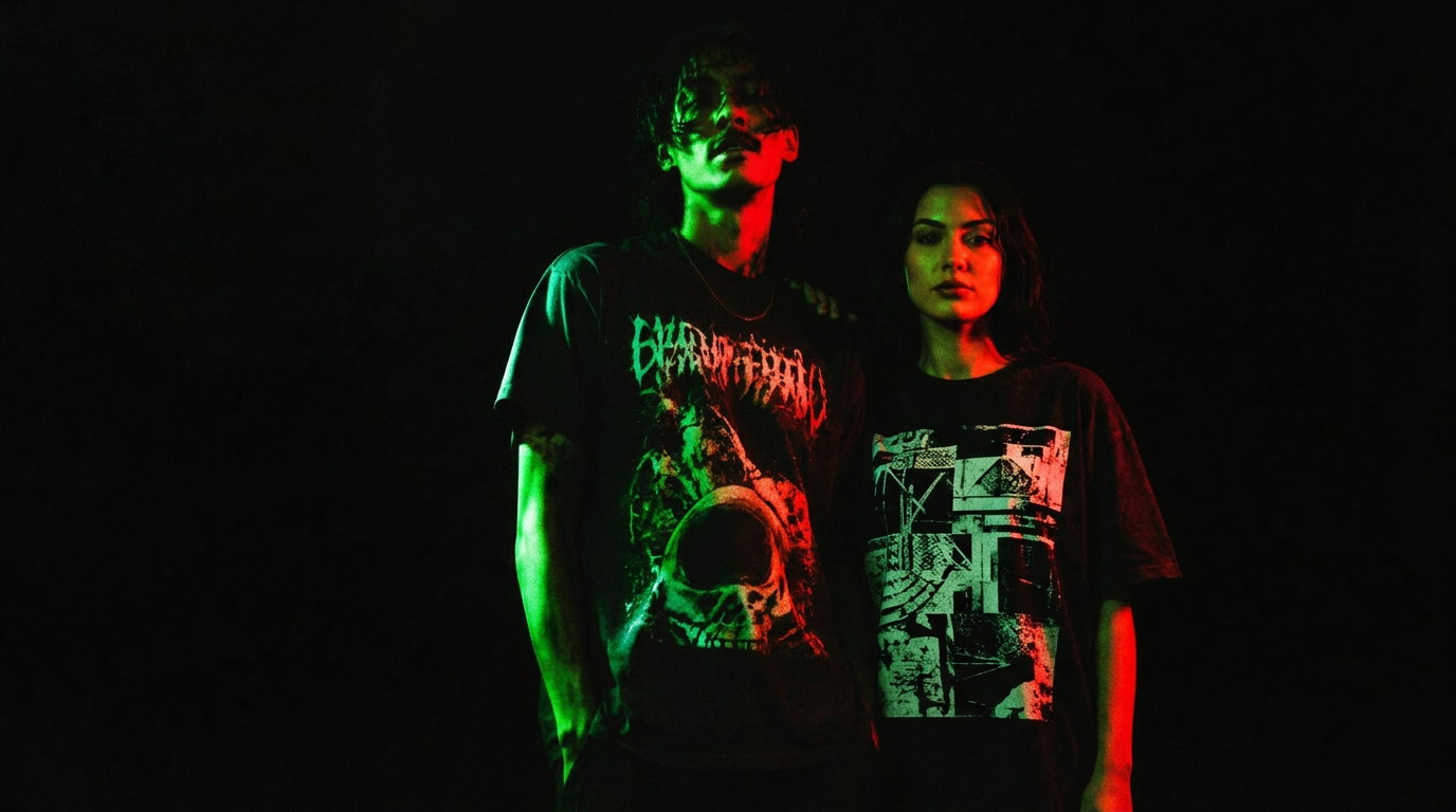 UC male and female models in oversized black graphic tees under red and green neon light